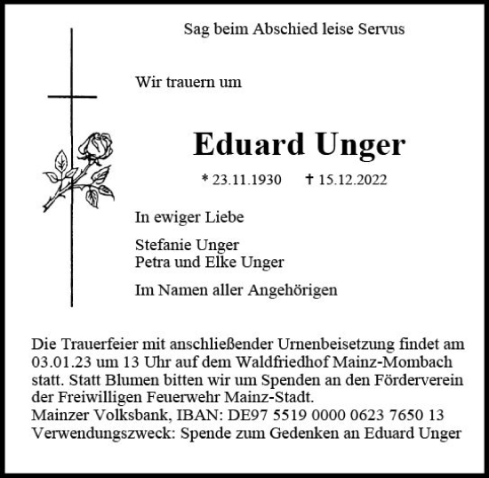 Traueranzeige von Eduard Unger von vrm-trauer AZ Mainz