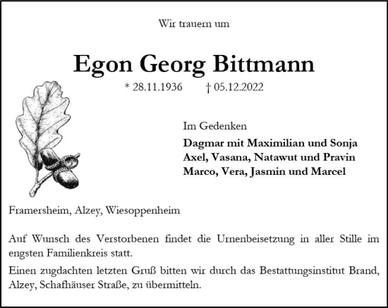 Traueranzeige von Egon Georg Bittmann von vrm-trauer Allgemeine Zeitung Alzey