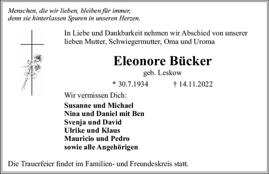 Traueranzeige von Eleonore Bücker von vrm-trauer Rüsselsheimer Echo / MainSpitze