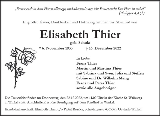 Traueranzeige von Elisabeth Thier von vrm-trauer Rheingau