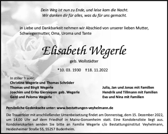 Traueranzeige von Elisabeth Wegerle von vrm-trauer AZ Mainz
