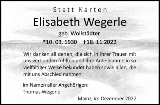 Traueranzeige von Elisabeth Wegerle von vrm-trauer AZ Mainz
