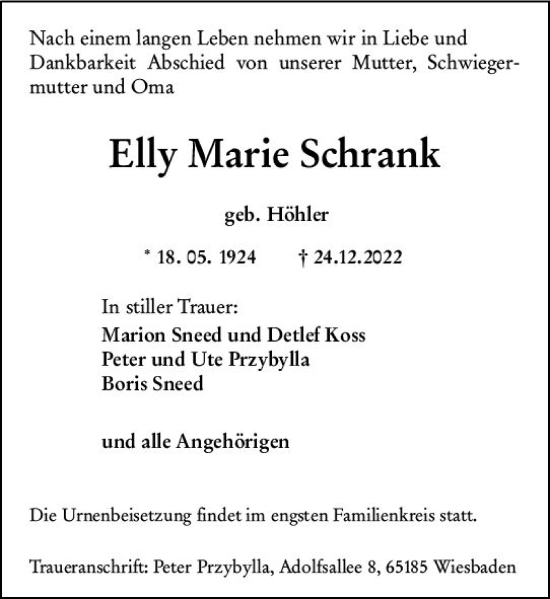 Traueranzeige von Elly Marie Schrank von vrm-trauer Wiesbadener Kurier