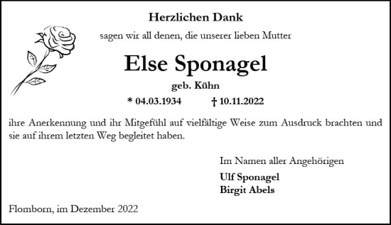Traueranzeige von Else Sponagel von vrm-trauer Allgemeine Zeitung Alzey