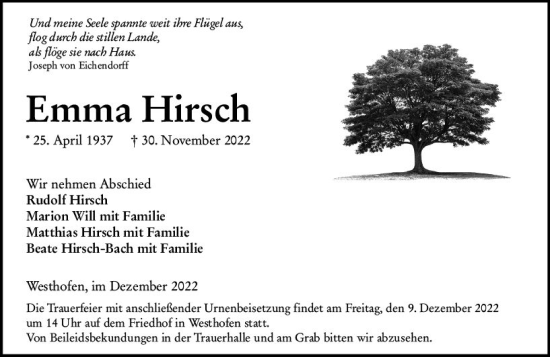 Traueranzeige von Emma Hirsch von vrm-trauer Wormser Zeitung