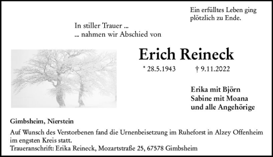Traueranzeige von Erich Reineck von vrm-trauer Wormser Zeitung