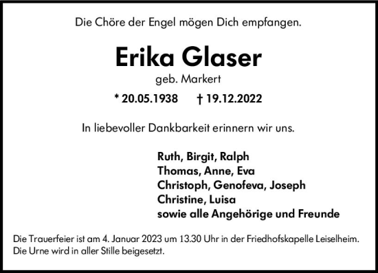 Traueranzeige von Erika Glaser von vrm-trauer Wormser Zeitung