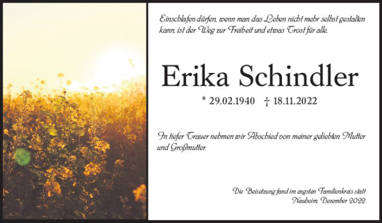 Traueranzeige von Erika Schindler von vrm-trauer Rüsselsheimer Echo / MainSpitze