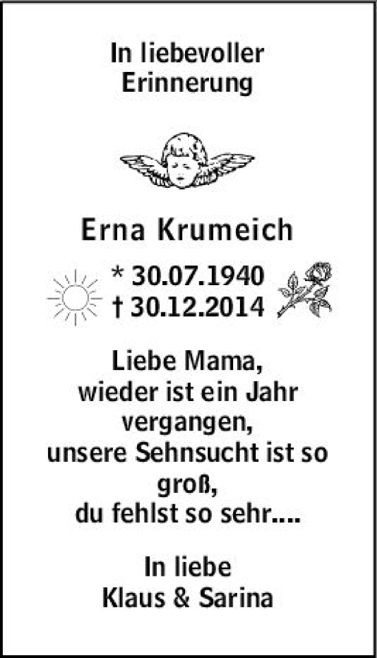 Traueranzeige von Erna Krumeich von vrm-trauer Wiesbadener Kurier