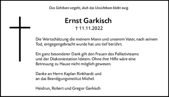 Traueranzeige von Ernst Garkisch von vrm-trauer Idsteiner Zeitung