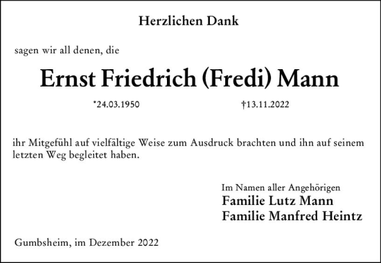 Traueranzeige von Ernst Friedrich Mann von vrm-trauer Allgemeine Zeitung Alzey