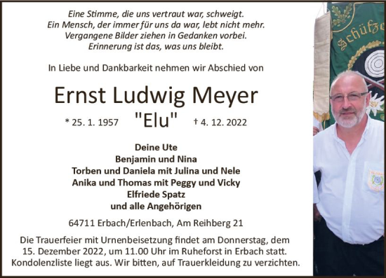Traueranzeige von Ernst Ludwig Meyer von vrm-trauer Odenwälder Echo