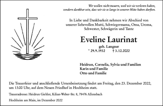 Traueranzeige von Eveline Laurinat von vrm-trauer Hochheimer Zeitung