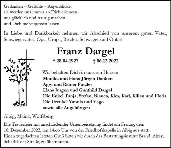 Traueranzeige von Franz Dargel von vrm-trauer Allgemeine Zeitung Alzey