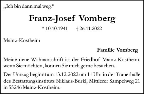 Traueranzeige von Franz-Josef Vomberg von vrm-trauer AZ Mainz
