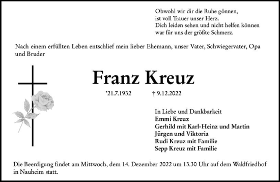 Traueranzeige von Franz Kreuz von vrm-trauer Groß-Gerauer Echo