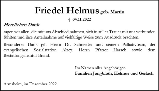 Traueranzeige von Friedel Helmus von vrm-trauer Allgemeine Zeitung Alzey