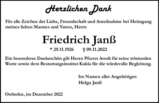 Traueranzeige von Friedrich Janß von vrm-trauer Wormser Zeitung
