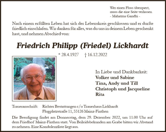 Traueranzeige von Friedrich Lickhardt von vrm-trauer AZ Mainz