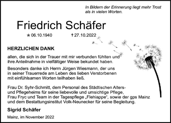 Traueranzeige von Friedrich Schäfer von vrm-trauer AZ Mainz