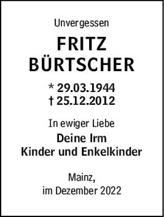 Traueranzeige von Fritz Bürtscher von vrm-trauer AZ Mainz