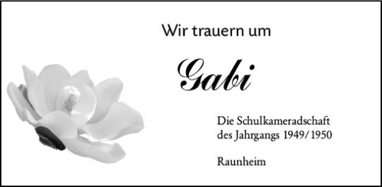 Traueranzeige von Gabi  von vrm-trauer Rüsselsheimer Echo / MainSpitze