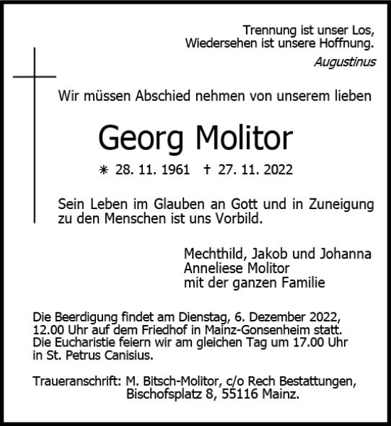 Traueranzeige von Georg Molitor von vrm-trauer AZ Mainz