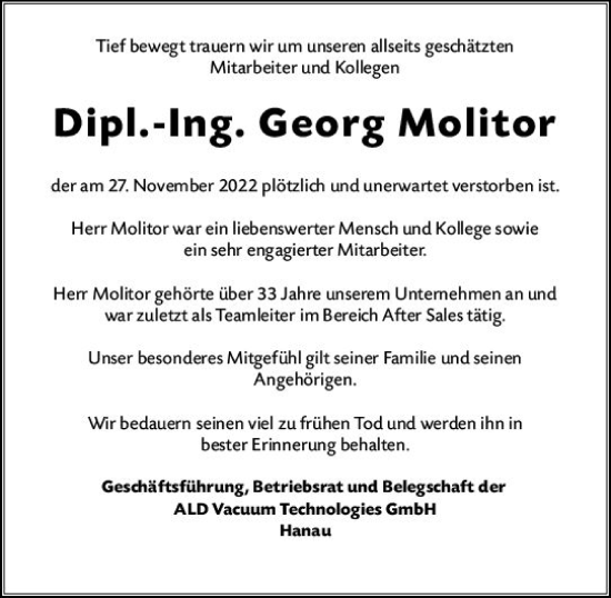 Traueranzeige von Georg Molitor von vrm-trauer AZ Mainz