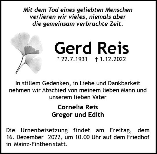 Traueranzeige von Gerd Reis von vrm-trauer AZ Mainz