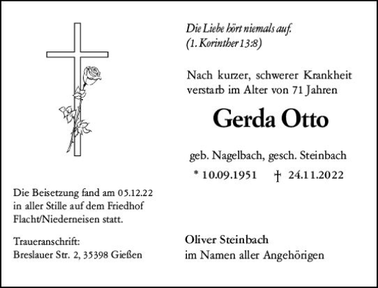 Traueranzeige von Gerda Otto von vrm-trauer Wiesbadener Kurier