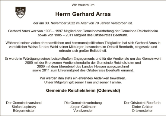 Traueranzeige von Gerhard Arras von vrm-trauer Odenwälder Echo