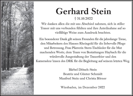 Traueranzeige von Gerhard Stein von vrm-trauer Wiesbadener Kurier