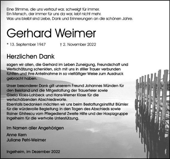 Traueranzeige von Gerhard Weimer von vrm-trauer Allgemeine  Zeitung Ingelheim-Bingen