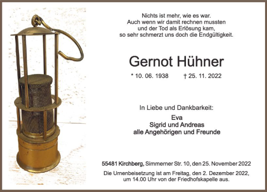 Traueranzeige von Gernot Hühner von vrm-trauer Hochheimer Zeitung