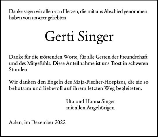 Traueranzeige von Gerti Singer von vrm-trauer AZ Mainz