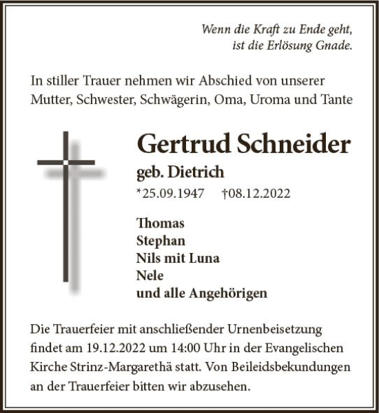 Traueranzeige von Gertrud Schneider von vrm-trauer WK-UTA