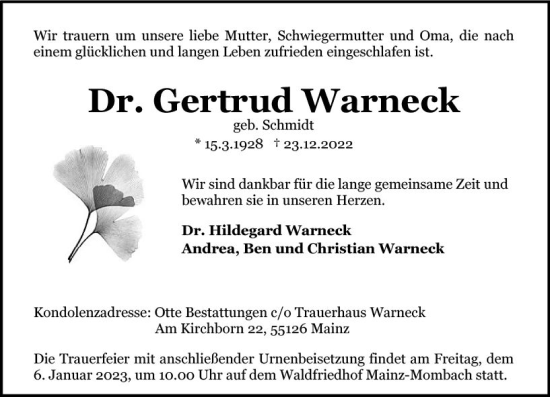 Traueranzeige von Gertrud Warneck von vrm-trauer AZ Mainz