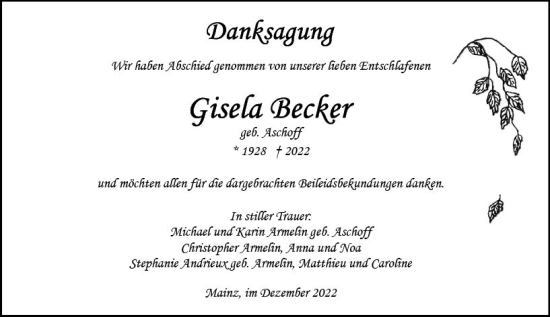 Traueranzeige von Gisela Becker von vrm-trauer AZ Mainz