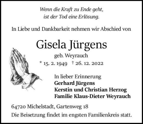 Traueranzeige von Gisela Jürgens von vrm-trauer Odenwälder Echo