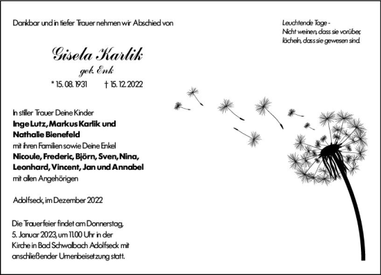 Traueranzeige von Gisela Karlik von vrm-trauer Wiesbadener Kurier