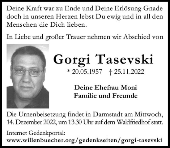 Traueranzeige von Gorgi Tasevski von vrm-trauer Darmstädter Echo