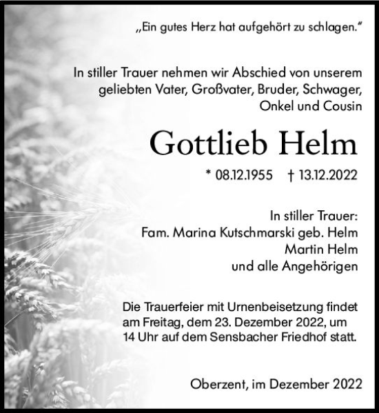 Traueranzeige von Gottlieb Helm von vrm-trauer Odenwälder Echo