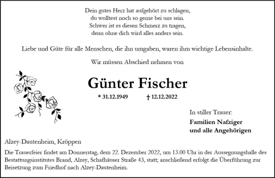 Traueranzeige von Günter Fischer von vrm-trauer Allgemeine Zeitung Alzey