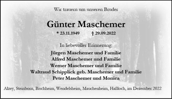 Traueranzeige von Günter Maschemer von vrm-trauer Allgemeine Zeitung Alzey
