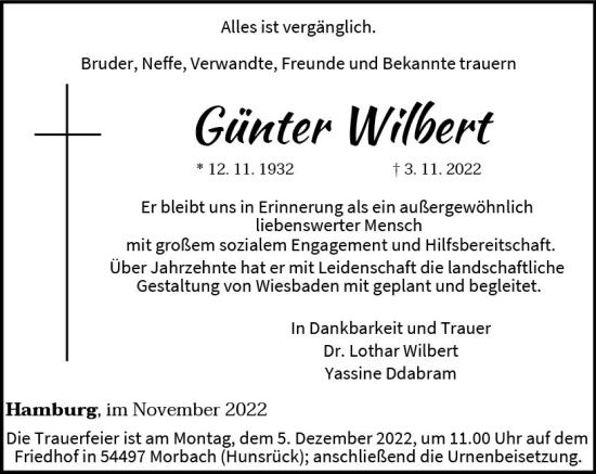 Traueranzeige von Günter Wilbert von vrm-trauer Wiesbadener Kurier