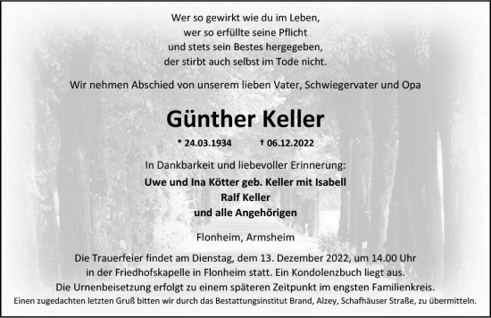 Traueranzeige von Günther Keller von vrm-trauer Allgemeine Zeitung Alzey