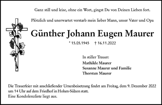 Traueranzeige von Günther Johann Eugen Maurer von vrm-trauer Wormser Zeitung