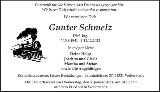 Traueranzeige von Gunter Schmelz von vrm-trauer Darmstädter Echo