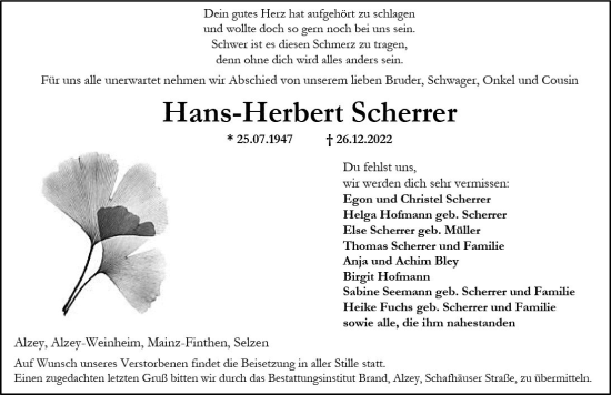 Traueranzeige von Hans-Herbert Scherrer von vrm-trauer Allgemeine Zeitung Alzey