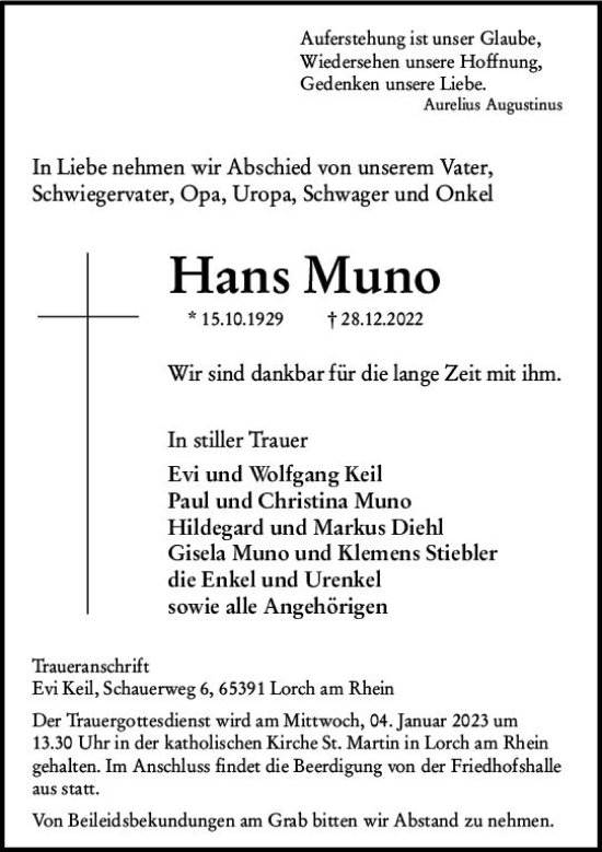 Traueranzeige von Hans Muno von vrm-trauer Wiesbadener Kurier